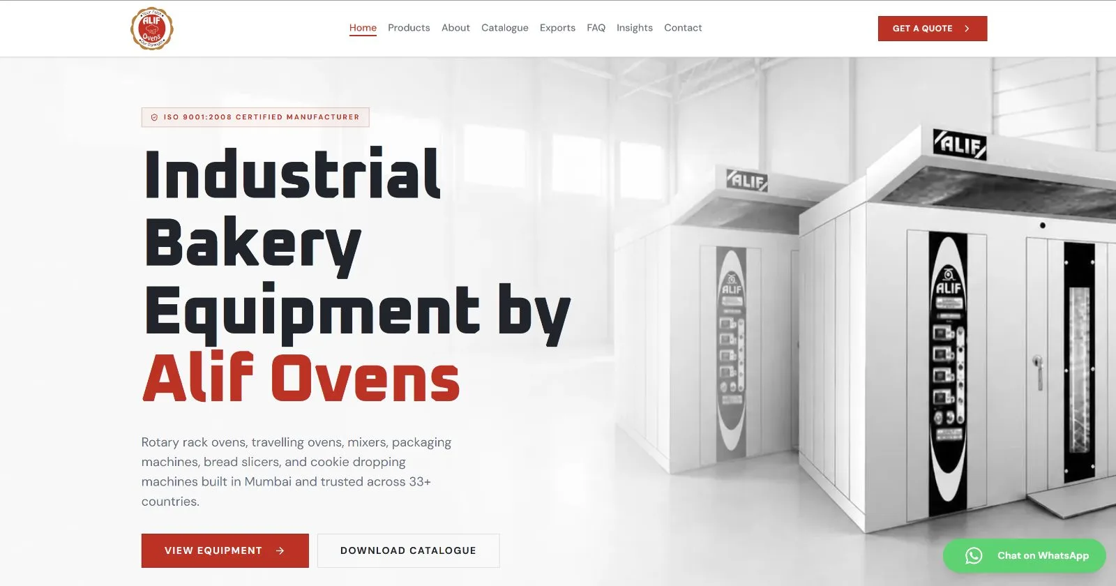 The rebuilt Alif Ovens website: industrial bakery equipment hero and structured product navigation