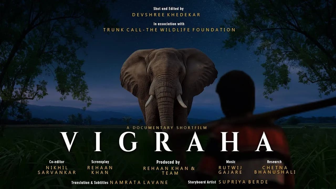 Vigraha documentary title card: an elephant at dusk facing a figure carrying a pole